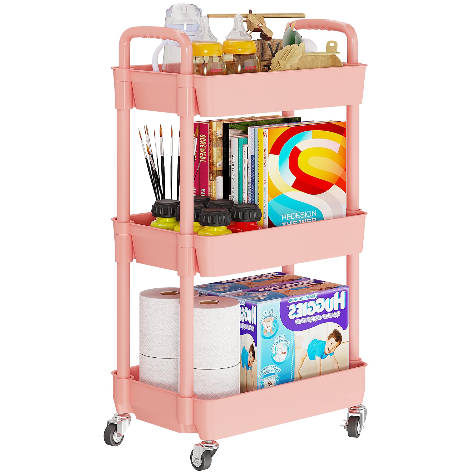 Laiensia 3-Tier Rolling Cart with Wheels,Multifunction Utility Storage Carts, Kitchen Storage Organizer,Mobile Shelving Unit for Bathroom,Laundry,with Classified Stickers,White