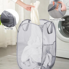 Durable Collapsible Laundry Baskets - Reinforced Mesh Pop Up Laundry Hamper with Pocket, Foldable Dirty Clothes Hamper with Carry Handles for Laundry, Bathroom, Kids Room, Dorm or Travel Pink+Grey
