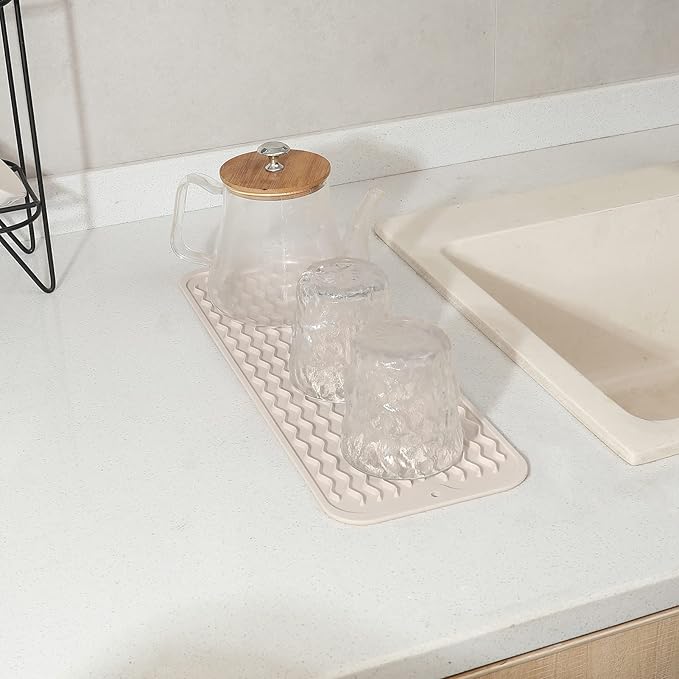 Silicone Dish Drying Mat for Multiple Usage,Easy clean,Eco-friendly,Heat-resistant Silicone Mat for Kitchen Counter,Sink,Bar,Bottle,or Cup Tapioca M 17 inches x 6 inches