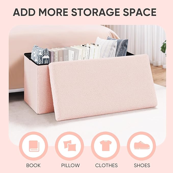 PINPLUS Folding Storage Ottoman Bench, Sherpa Ottoman with Storage, Large Long Shoes Bench Chest with Lid, Footrest for Living Room, Entryway, Pink 30'' x 15'' x 15''