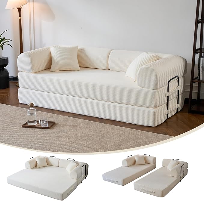 Compressed Sofa, Convertible Sofa Bed, Corduroy Compression Boneless Couch with Pillow, Comfy Modular Foldable Floor Sleeper Sofa for Bedroom, Living Room, Lounge, Studio (White)