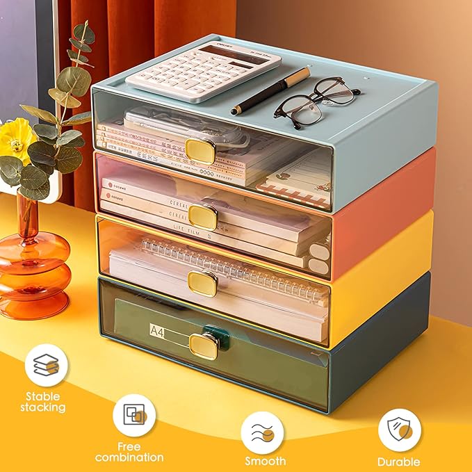 2PACK Stackable Drawer for Desk 6.5"x9"x3" Desktop Storage Organizer with Drawer Plastic Organizer Box Storage Container for Stationery, Makeup, Bathroom (Orange, M - 1 Drawer)