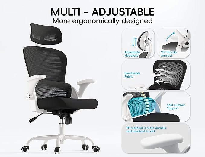 TRALT Office Chair - Ergonomic Office Chair with Back Support, Computer Chair - Home Office Desk Chairs, 330lbs Wide Seat Big and Tall Office Chairs with Headrest, Comfy Desk Chairs (White Black)