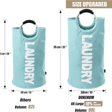 DOKEHOM 90L Large Laundry Basket, Collapsible Laundry Bag, Freestanding Tall Clothes Hamper, Foldable Washing Bin (Light Blue)