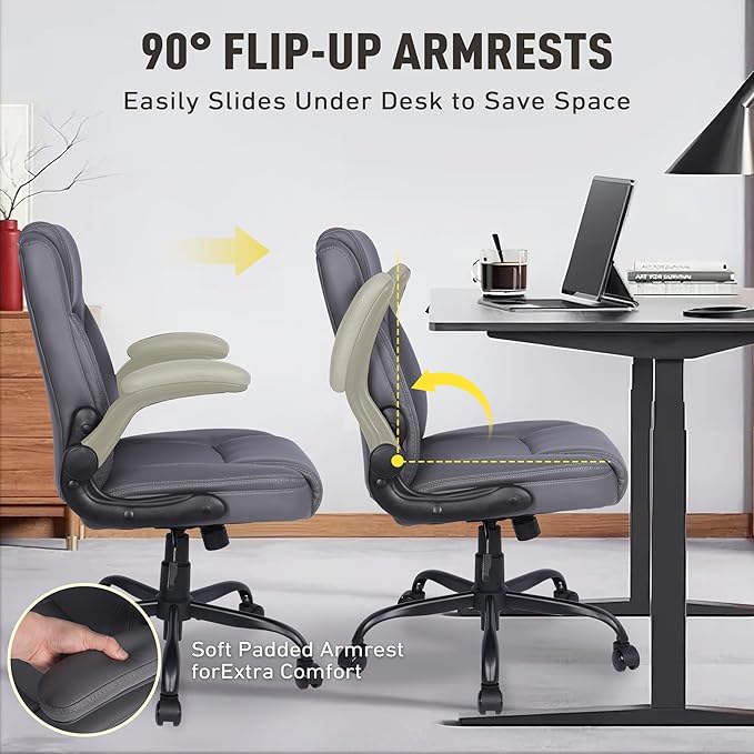 Home Leather Office Chair with Lumbar Support, 5" Padded Seat, Small PU Leather Rocking Desk Chair, Comfy Computer Chairs with Rolling Wheels & Adjustable Arms for Adults, Grey