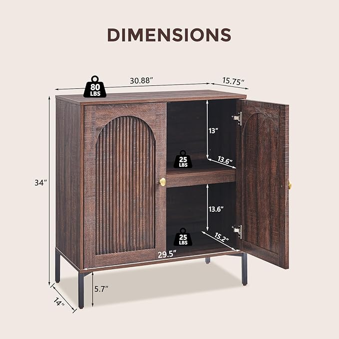 Bathroom Cabinet with Storage, 92.63" W Fluted Arched Free Standing Floor Cabinet w/Adjustable Shelves, Modern Sideboard Cabinet for Bathroom, Kitchen, Living Room, Entryway, Brown
