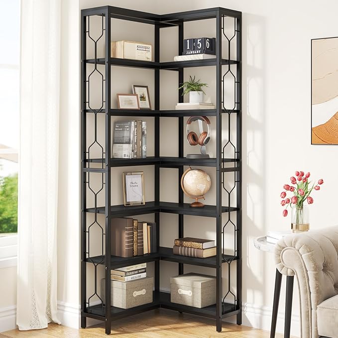 Tribesigns Corner Shelf, 7-Tier Industrial Corner Bookshelf, Wood and Metal Corner Etagere Bookcase, Freestanding Display Shelf for Living Room, Kitchen, Home Office, Black