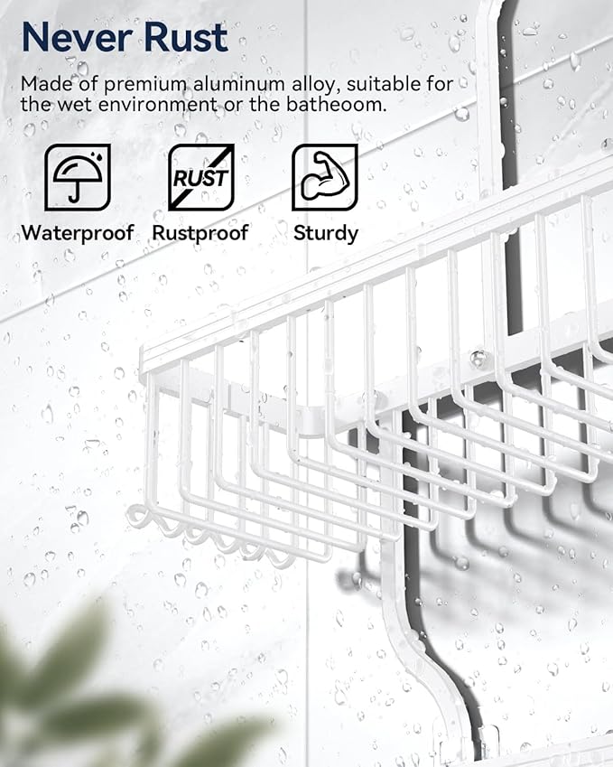 YASONIC Shower Caddy - Never Rust Aluminum Organizer - Over Shower Head with 10 Hooks & Soap Basket - White