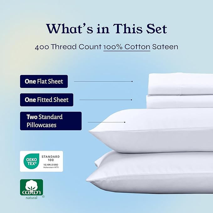 California Design Den Full Size Bed Sheets Set - Soft 400 Thread Count Sateen, Natural 100% Cotton Sheets Full Size Bed Set, Deep Pockets for a Snug Fit, Durable Bedding - White CaliforniaDesignDen