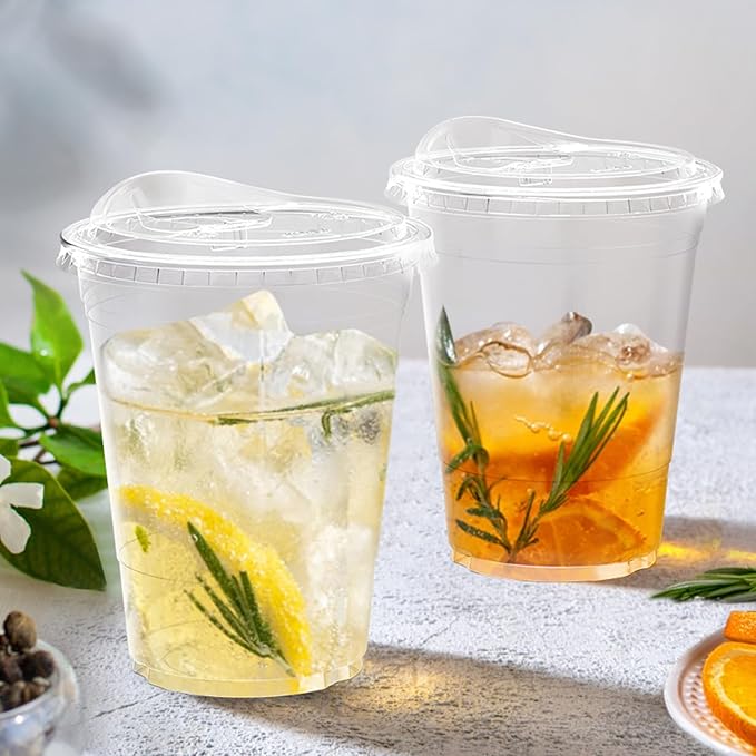 100 Pack - 16 oz Clear Plastic Cups with Lids, Sturdy & Food Safe Iced Coffee Cups with lids, Disposable Plastic Smoothie Cups for Cold Drinks, Sip Lids