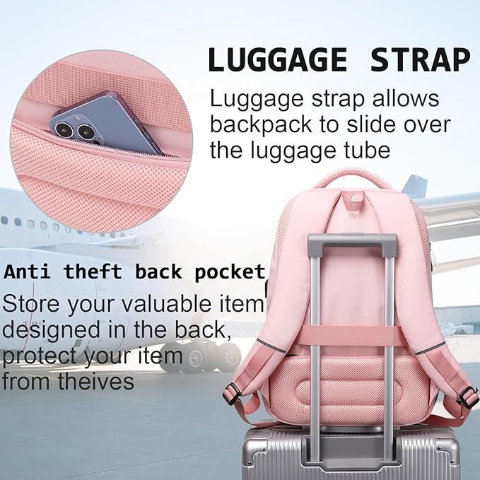 Laptop Backpack,Business Travel Anti Theft Slim Durable Laptops Backpack with USB Charging Port,Water Resistant College Computer Bag for Women & Men Fits 15.6 Inch Laptop and Notebook-Light Pink