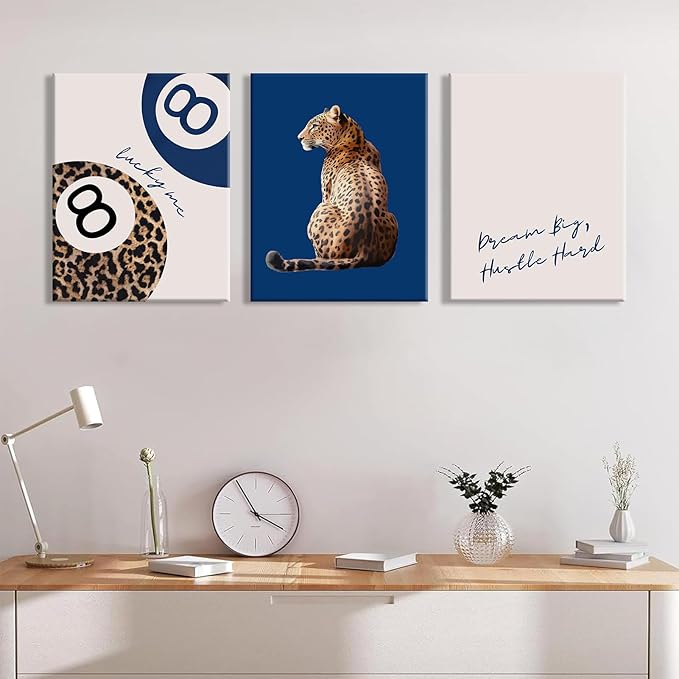 Navy Blue 3 Pcs Leopard Print Canvas Wall Art Cheetah animal prints 8 Ball Lucky Me pictures Trendy Wall decor Y2k aesthetics painting artwork for Apartment Dormitory College Decoration 12x16in