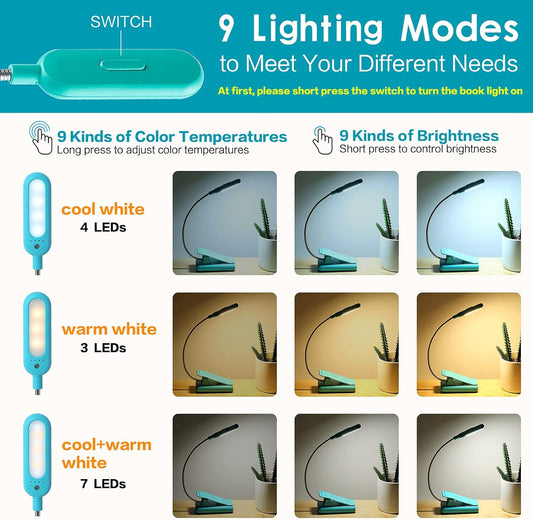 VAVOFO Clip On Book Light for Bed Kids, 7 LED Reading Light with 9-Level Warm Cool White Daylight, Eye Care Lamp with Power Indicator for Bookworms (Blue) Dormly