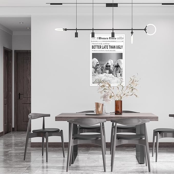 Vintage Women Times Black and White Newspaper Wall Art Better Late Than Ugly Poster Canvas Prints Funky Feminist Posters Trendy College Wall Decor for Bar Cart Girl Dorm Room 16x24inch Unframed