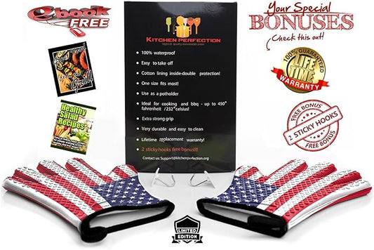 KITCHEN PERFECTION Silicone Smoker Oven Gloves -Extreme Heat Resistant BBQ Gloves -Handle Hot Food Right on Your Smoker Grill Fryer Pit|Waterproof Oven Mitts Grill Gloves |Superior Value Set+3 Bonuses