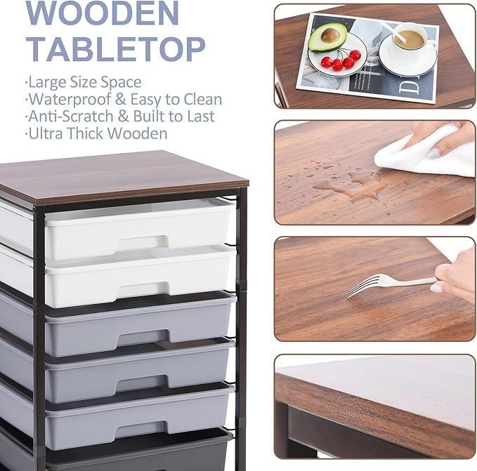 Rolling Cart with Drawers,Utility Cart With 8 Drawers and Wooden Tabletop for Living Room,Classroom,Bedroom,Bathroom,Dorm,Office,Dark Grey