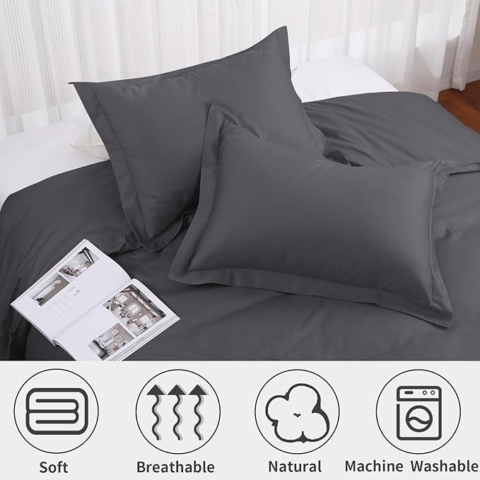 Dark Grey Duvet Cover Set Queen Size 100% Egyptian Cotton 3Pcs Home Bedding Set- 1 Duvet Cover with 2 Pillowcases, 400 Thread Count Super Soft Cover with Corner Ties(90x90 Inches, Dark Grey)
