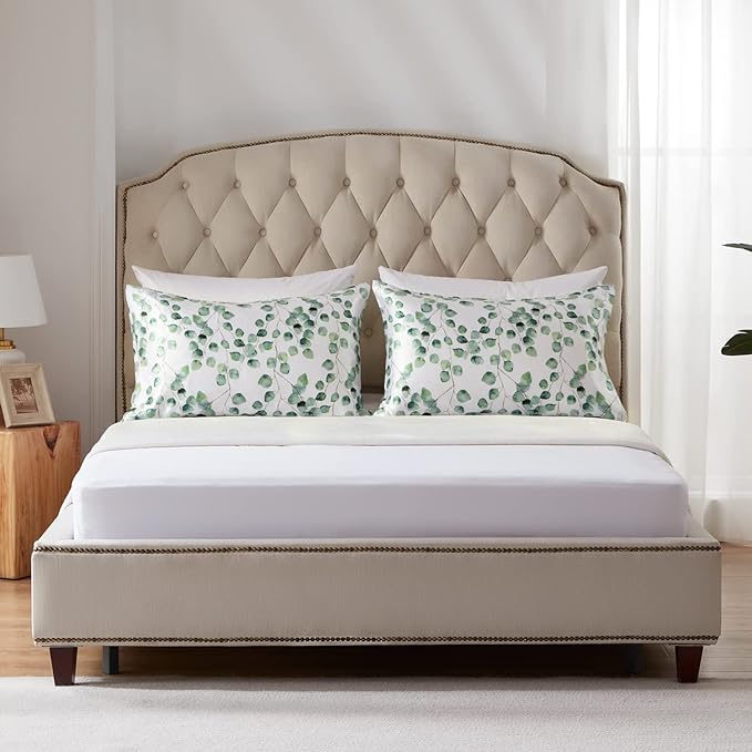 EXQ Home Satin Pillowcase Silky Satin Pillowcase for Hair and Skin,Soft Cooling Printed Pillow Cases Queen Size Set of 2 Satin Pillow Case with Envelope Closure Ink Leaf