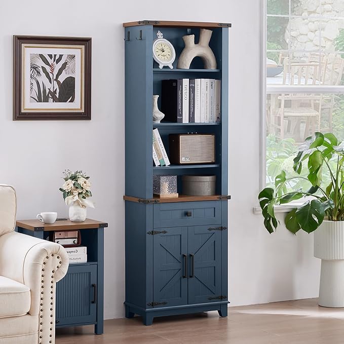 72in Tall Bookshelf 7 Tier Bookcase with Drawer and Barn Doors and Adjustable Shelves, Blue Farmhouse Book Shelf with Storage Cabinet, Wood Freestanding Display Bookshelves for Kitchen (2PCS)