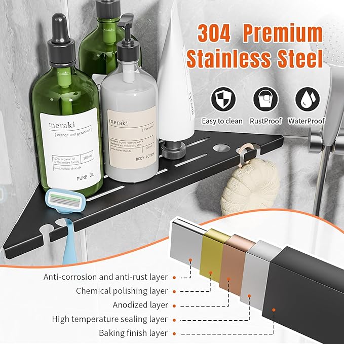 Shower Corner Shelf Organizer Rack with Hooks & Razor Hole, No Drilling Tile Shower Shelves, Rustproof Stainless Steel Bathroom Shelves Basket, Modern Corner Shelf for Bathroom, 2Pack-Black