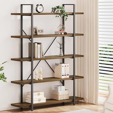 HSH Industrial Wood and Metal 5 Tier Bookshelf, Large Tall Open Rustic Wide Etagere Bookcase, Vintage Farmhouse Modern Wooden Big Book Shelf for Home Living Room Bedroom Office Storage, Rustic Oak