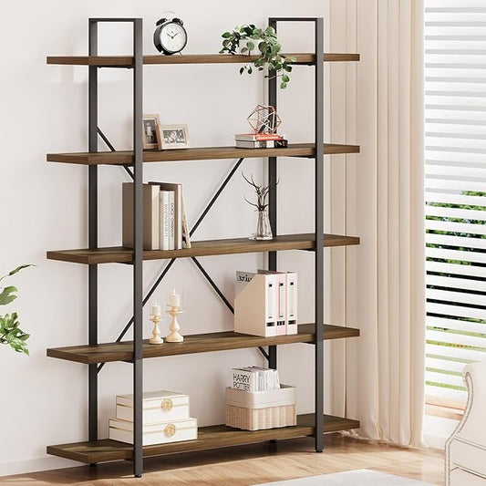 HSH Industrial Wood and Metal 5 Tier Bookshelf, Large Tall Open Rustic Wide Etagere Bookcase, Vintage Farmhouse Modern Wooden Big Book Shelf for Home Living Room Bedroom Office Storage, Rustic Oak