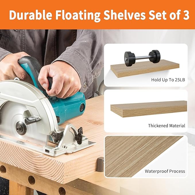 Floating Shelves for Wall Set of 3, 16" Light Brown Wood Wall Shelves for Home Decor, Frame Display Floating Shelf for Living Room, Bedroom, Bathroom, Kitchen