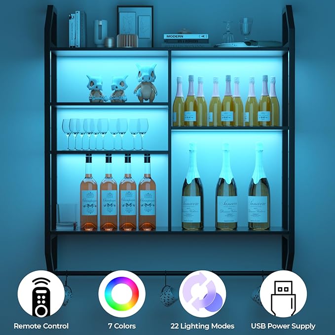FAHKNS Gaming Floating Shelves, 35" Large LED Wall Shelves with Adjustable Tier, Wall Mounted Bookshelf with Hanging Pipe & 6 Hooks for Bedroom Gaming Room Kitchen Coffee Bar Decor, Black