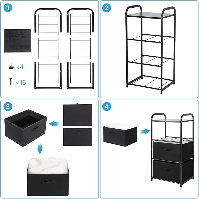 MAX Houser Dresser Storage with 3 Easy Pull Fabric Drawers, Fabric Dresser Tower,Vertical Storage Unit for Bedroom,Chest of Drawers with Metal Frame, Wooden Tabletop, for Living Room, Closet (Black)