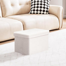 PINPLUS Storage Ottoman Cube Ottoman Foot Rest,Small Foldable Portable Boucle Upholstered Sherpa Ottomans, Faux Teddy Fur, White 16.5