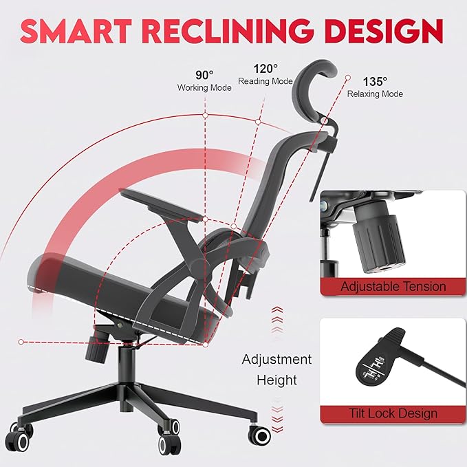Ergonomic Office Chair - 400LB Comfy Desk Chairs with Adjustable Headrest and Lumbar Back Support, Mesh Computer Chairs with Wheels and Arms for Home Office, Study