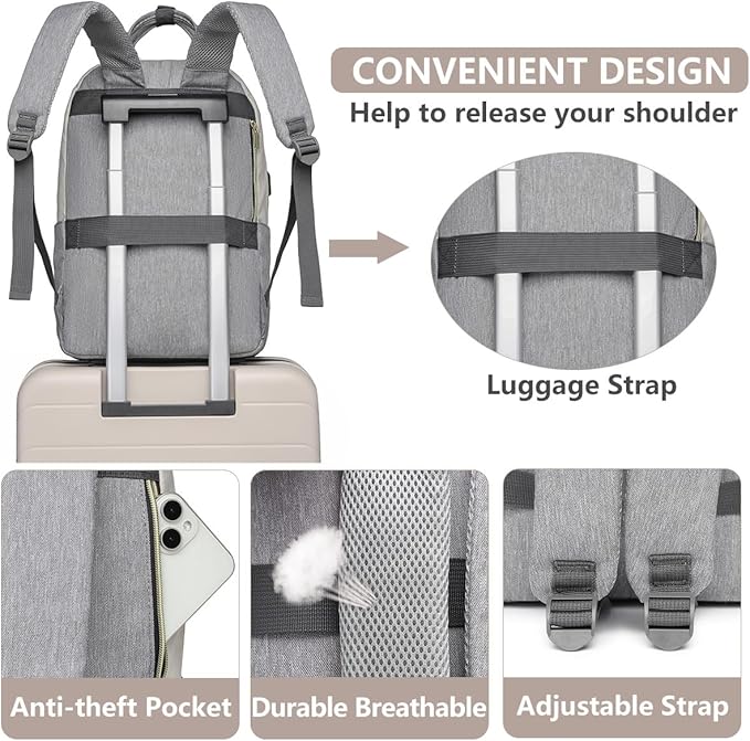 Laptop Backpack Women Work Bag - Travel Backpack Purse with USB Charger 15.6 Inch Nurse Bag College Teacher Business Backpack Waterproof Laptop Bag Beige Grey