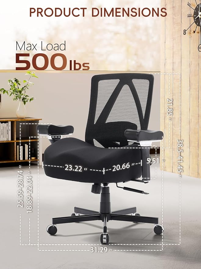 Big and Tall Office Chair 500lbs, Ergonomic Desk Chair with W Wide Thick Cushion, Executive Mesh Office Chair with Adjustable Lumbar Support & 4D Armrest, Computer Task Chairs for Heavy People, Black