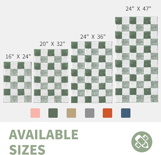 CozeCube Bath mats for Bathroom Non Slip, Fluffy Absorbent Microfiber Bath mat Washable, Aesthetic Bathroom Rugs, Large Sage Green Checkered Bath mat, Sage Green, 36" x 24"