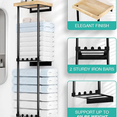 HapiRm Towel Racks for Bathroom Storage - No Drill Wall Mounted Towel Holder with Shelf and 6 Hooks, Rolled Towel Storage Bath Towel Organizer for Small Bathroom, Camper, Rv - Black