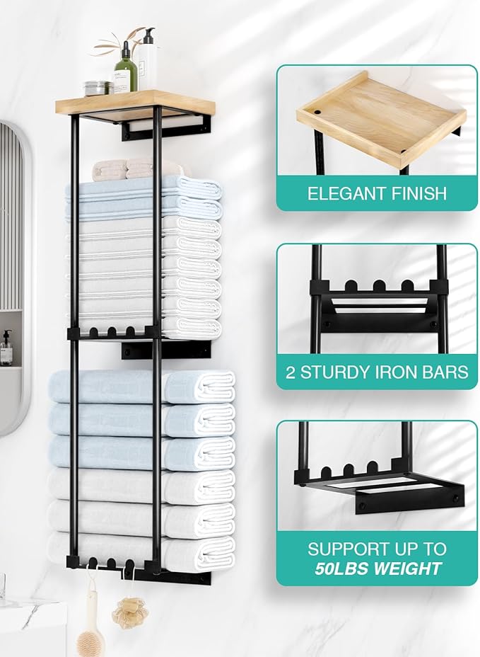 HapiRm Towel Racks for Bathroom Storage - No Drill Wall Mounted Towel Holder with Shelf and 6 Hooks, Rolled Towel Storage Bath Towel Organizer for Small Bathroom, Camper, Rv - Black