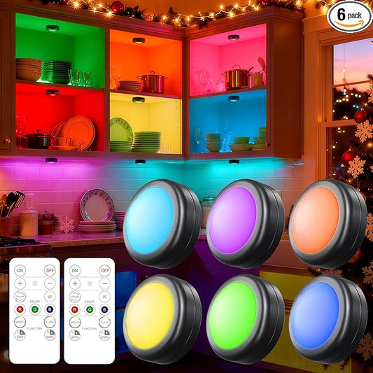 Yiliaw 6 Pack LED Puck Lights Remote Control 16 Color Changeable Under Cabinet Lights, Battery Operated Lights Night Light with Dimmer & Timmer for Closet Bedroom Kitchen, Black