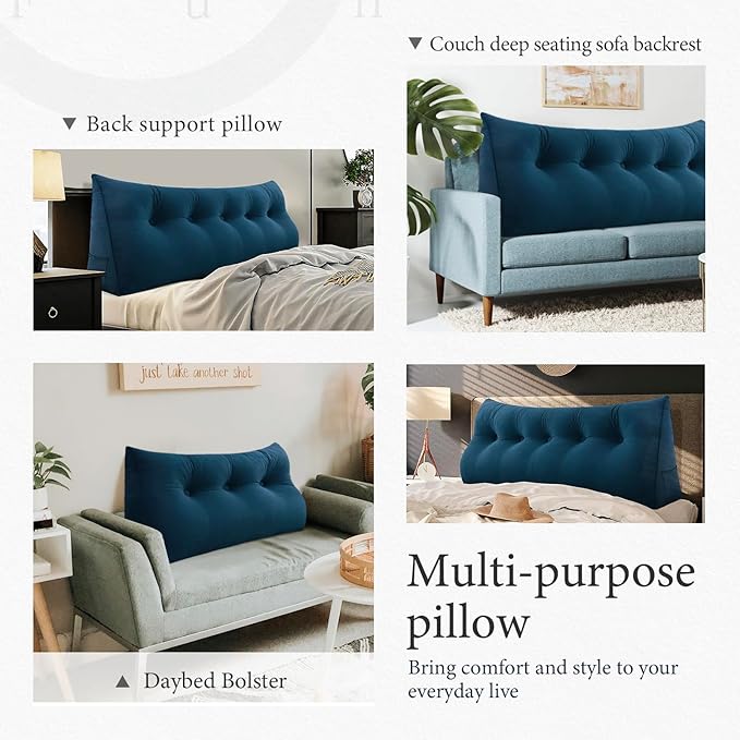 8 lbs Thickened Twin Wedge Pillow Headboard College Dorm Bed Velvet Wedge Pillow Backrest Triangular Headboard Pillows with Side Pocket, Dorm Bedding Essentials for Girls & Boys, Blue
