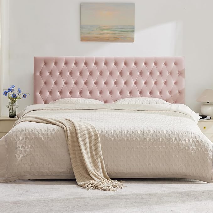 Kingfun Upholstered Queen Headboard Only, Premium Velvet Button Tufted Headboards, Adjustable Solid Wood Head Board, Padded Headboard with Solid Wood Legs in Bedroom (Pink)