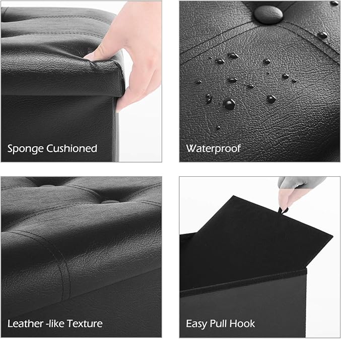 Youdesure Folding Storage Ottoman Bench, Faux Leather Footrest Couch for Living Room, 30 inch Storage Bench with Padded Seat for Bedroom Hallway, Holds up to 350lbs, Black