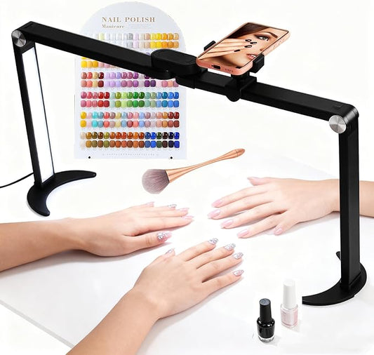 25inch Large Half Moon Light for Nail Tech, 5600K 3 Color Modes Infinitely Knob Arch Nail Light with Phone Holder Charging Function, Foldable Lighted Desk Lamp