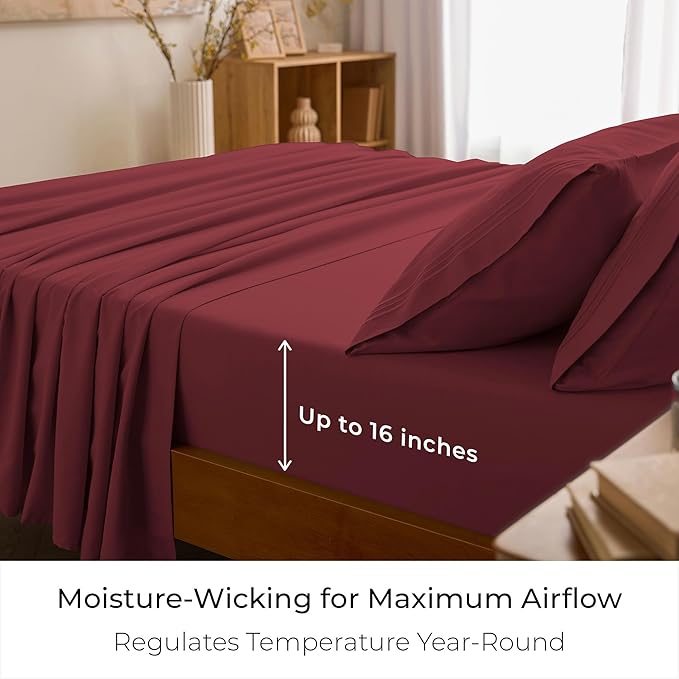 Mellanni Twin Sheet Set - 4-Piece Iconic Collection Bedding, (Including 2 Pillowcases), 16-Inch Deep Pocket, Easy Care, Extra Soft, Cooling Sheets, Brushed Microfiber - Brick Red