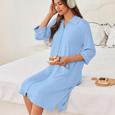 Ekouaer Zipper Robes for Women 3/4 Sleeve Housecoats Knee Length Bathrobe Lightweight Nightgown with Pockets S-3XL