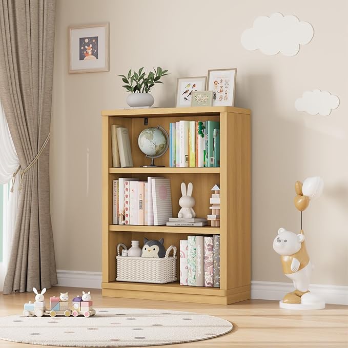 Rresyet 3 -Tier Bookcase and Book Shelf, 31” Wide Bookshelves, Wooden Bookcase Display Storage for Home Office, Living Room and Study Room (Wood)