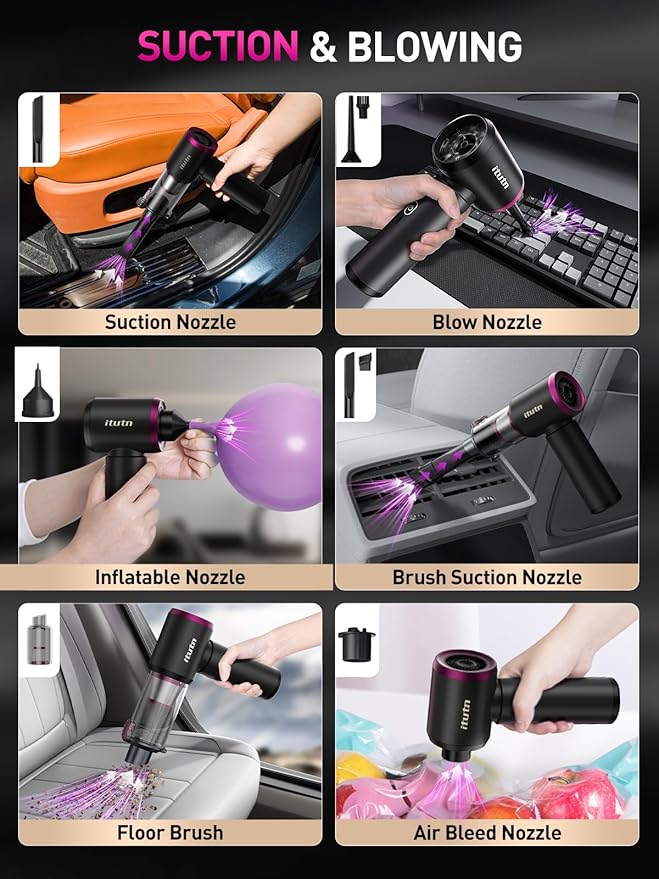 Mini Car Vacuum Portable Cordless with LED Light, 15000PA Powerful Suction, 80W High Power, One-Click Empty, Dual Hepa Filter, Car Vacuum Cleaner & Air Duster for Home, Desk, PC, Keyboard