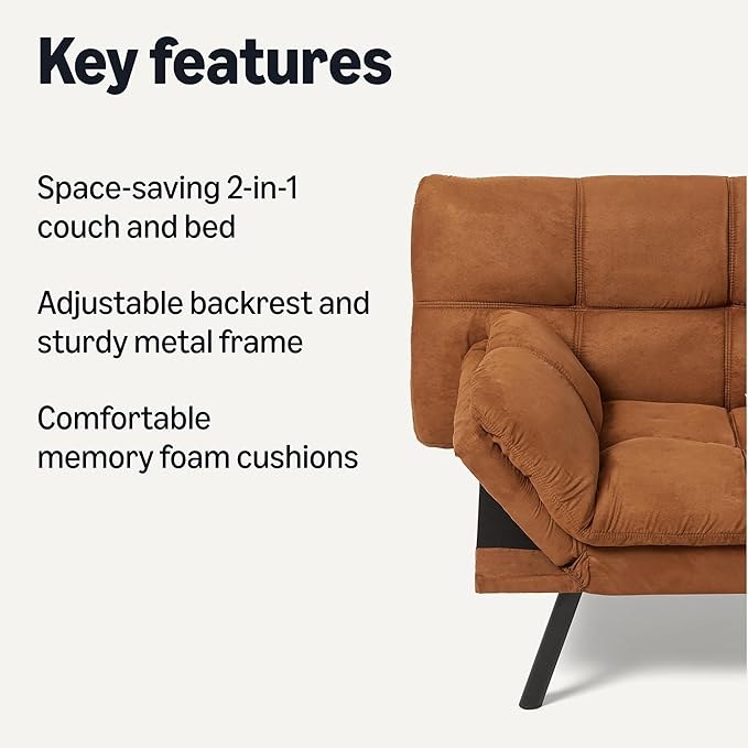 Amazon Basics Brown Loveseat,Convertible Couch Memory Foam Futon Sofa Bed Modern Sleeper Sofa for Small Compact Living Room,Office,Apartment, Linen Fabric