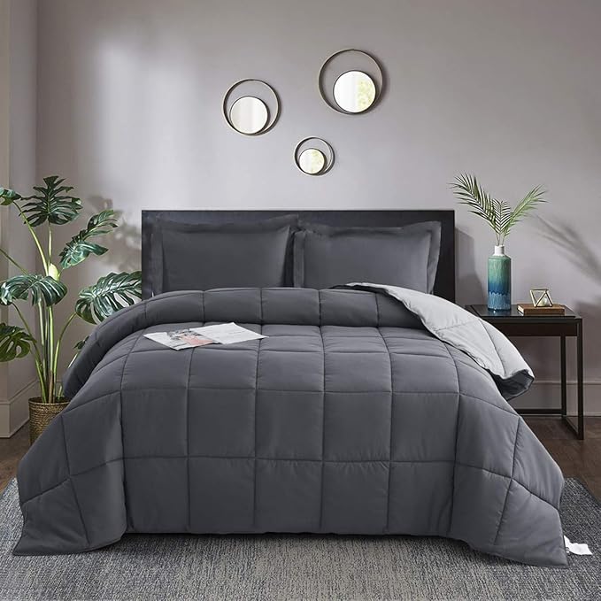 HIG 3 Pieces Grey California King Comforter Set, Modern Breathable Box Stitched Duvet Insert with 2 Shams, Soft Fluffy All Season Reversible Comforter Set Blanket with Corner Tabs for Bedroom