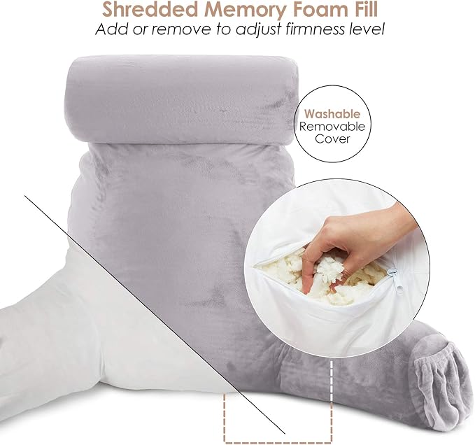 Nestl Reading Pillow with Shredded Memory Foam Includes 2 Neck and Lumber Support Pillows, Designed for Sitting Up in Bed and Couch, Back and Arms Adjustable Support for Adult & Teens, Grey Lavender