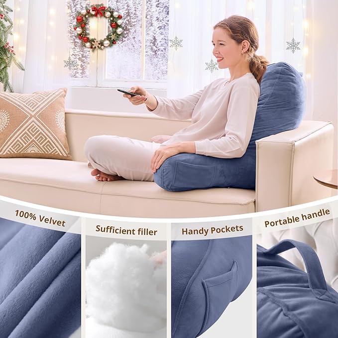 Sasttie Reading Pillow for Bed - 23 Inch, Back Pillow for Bed Sitting Up, Back-Rest Support Cushion with Side Pockets and Arms, Dorm Essentials, Oeko-Tex Certified, Grey Purple