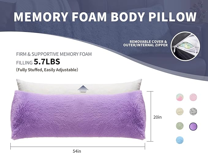 Purple Body Pillow for Day Bed Queen Bed Set 20x54 King Size Lumbar Pillows Hug Pregnancy Purple Sleep Therapy Body Pillow Full Body Pillows for Adults Back Pain Machine Washable